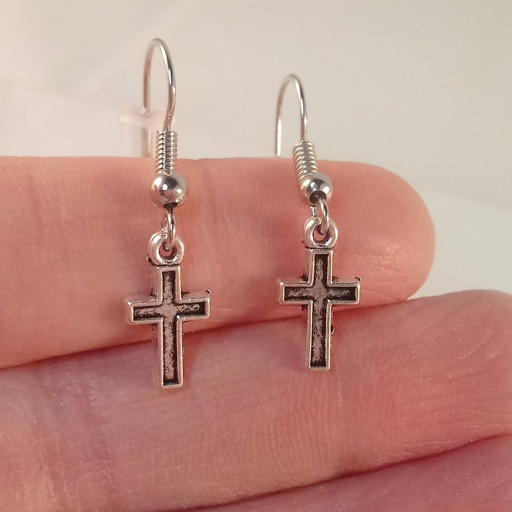 Silver Cross Dangle Earrings Hypoallergenic Hooks